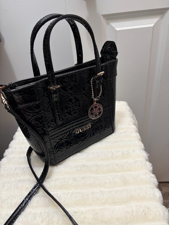 Guess Handbags - GUESS Black Embossed Patent Leather Satchel with Gold Accents